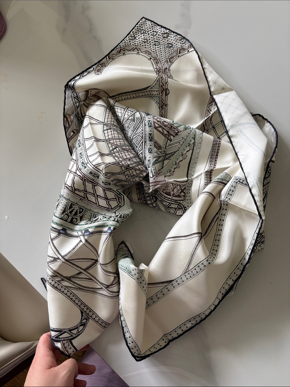Hermes Ivory, Green & Brown Silk Scarf - Architectural Motif - Picture 10 of 11
